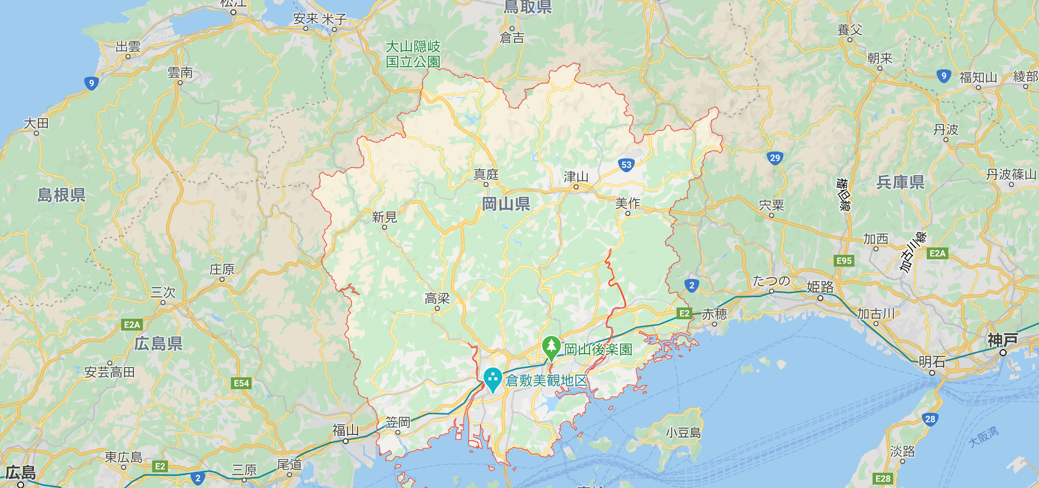 岡山を中心とした中国地方のマップ